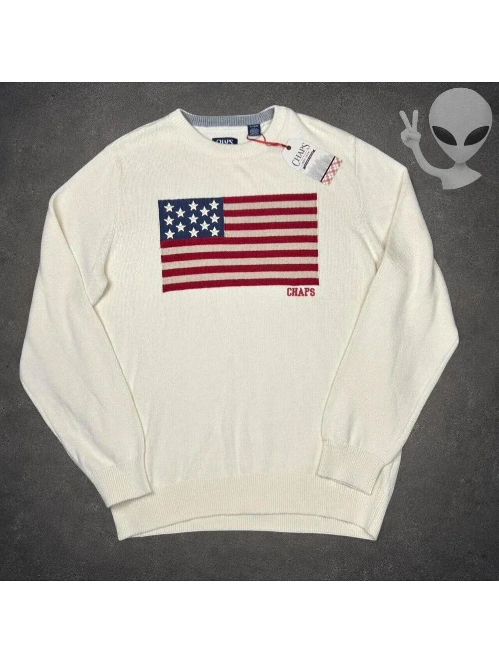 Chaps Mens American Flag Crewneck Sweater Cream Cotton Size XL New